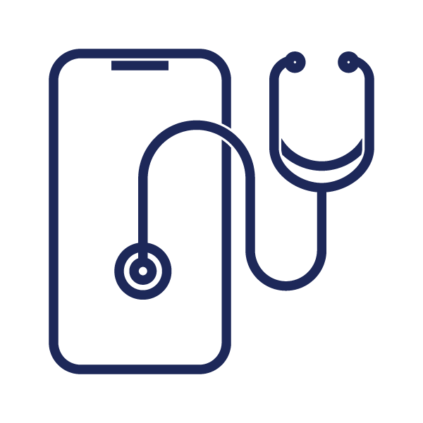 A stylized icon depicting a smartphone connected to a stethoscope, likely representing mobile healthcare or telemedicine.